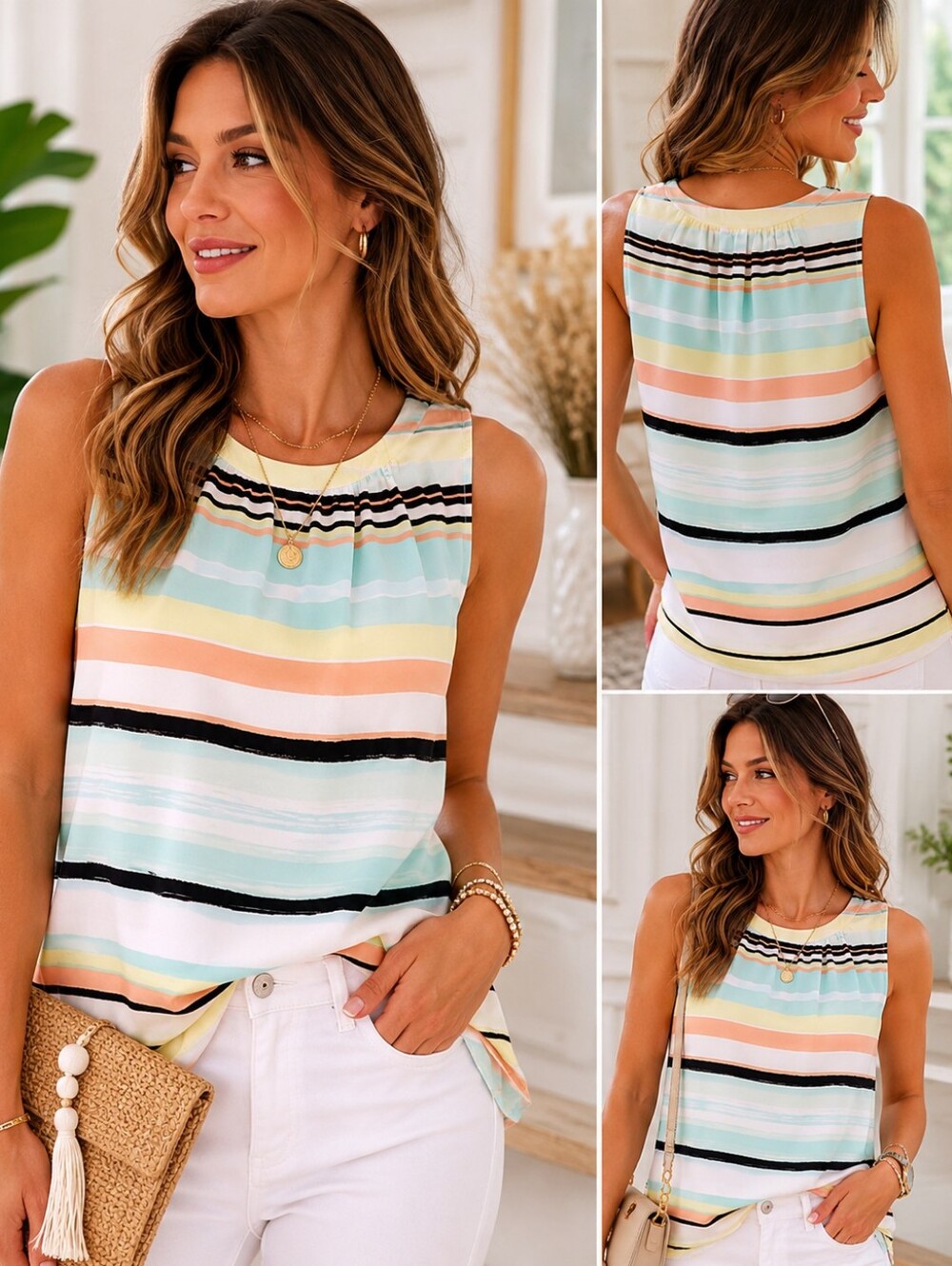 💙Chic By Jacob-  Pastel Striped Sleeveless Blouse Dressy Top